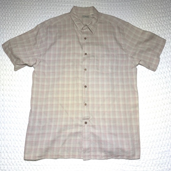 L.L. Bean Other - LL Bean Mens‎ Large Short Sleeve Plaid Button Down Shirt Tan Cotton Outdoors